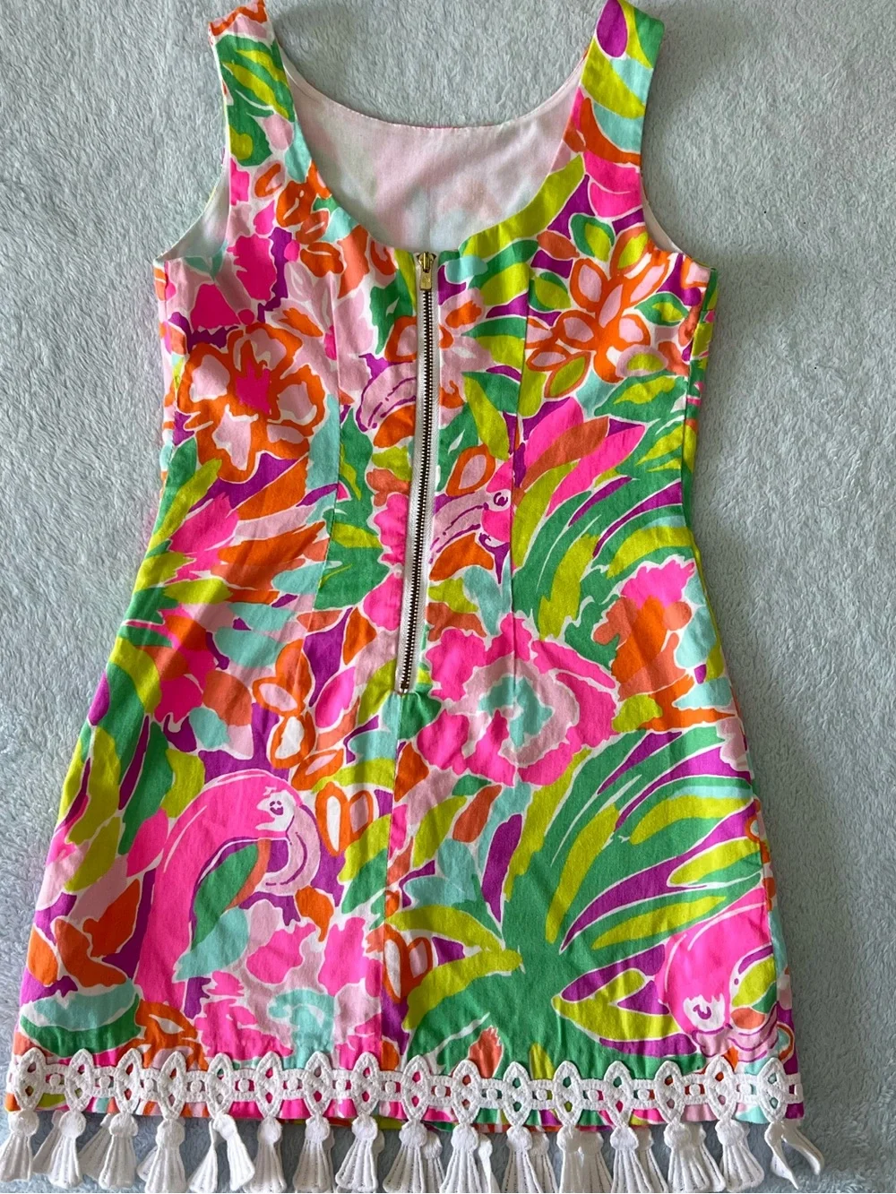 Lilly Pulitzer Shift Dress with Tassel Hem Flamingo Print size 7